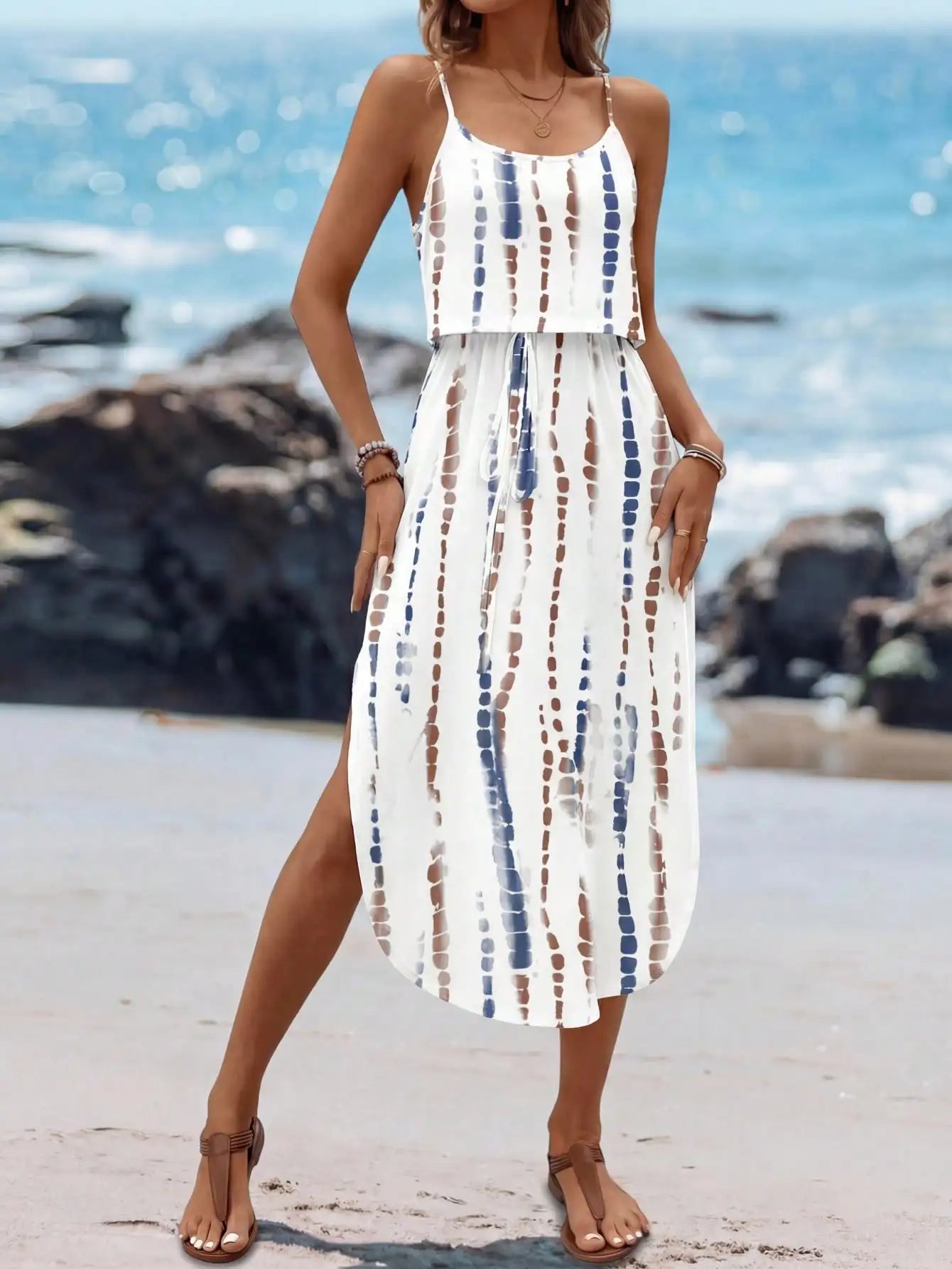 Boho Spaghetti Strap Midi Dress With Waist Slit For Summer
