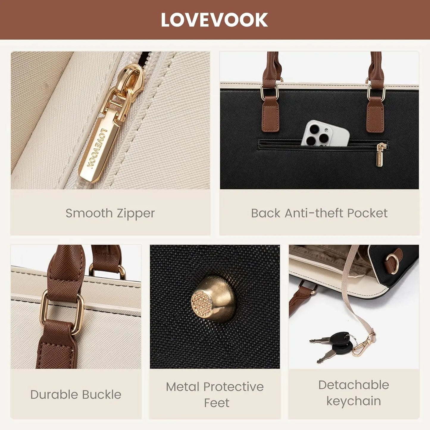 Waterproof PU Leather Laptop Tote for Women with Adjustable Strap
