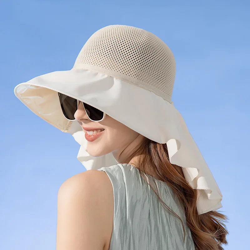 Summer Women Bucket Hat Shawl Mesh Face Neck Sun Protection