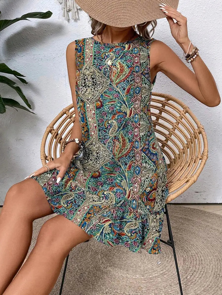 Solid Sleeveless Round Neck Dress With Ruffled Hem