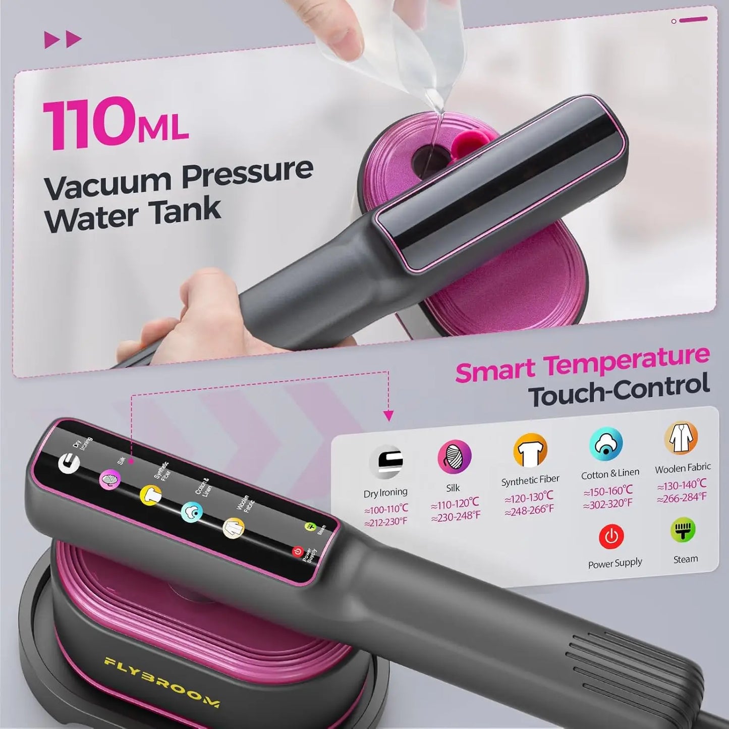 Travel Steamer for Clothes, 1200W Portable Steamer ๏ผ Iron 2 In 1, 13s Heat Up, LED Touch Display with 5 Modes, Large Ceramic