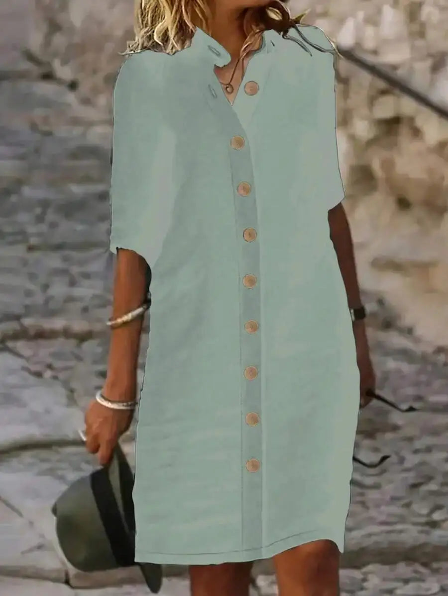 Button-Down Midi Dress With Mandarin Collar And Short Sleeves