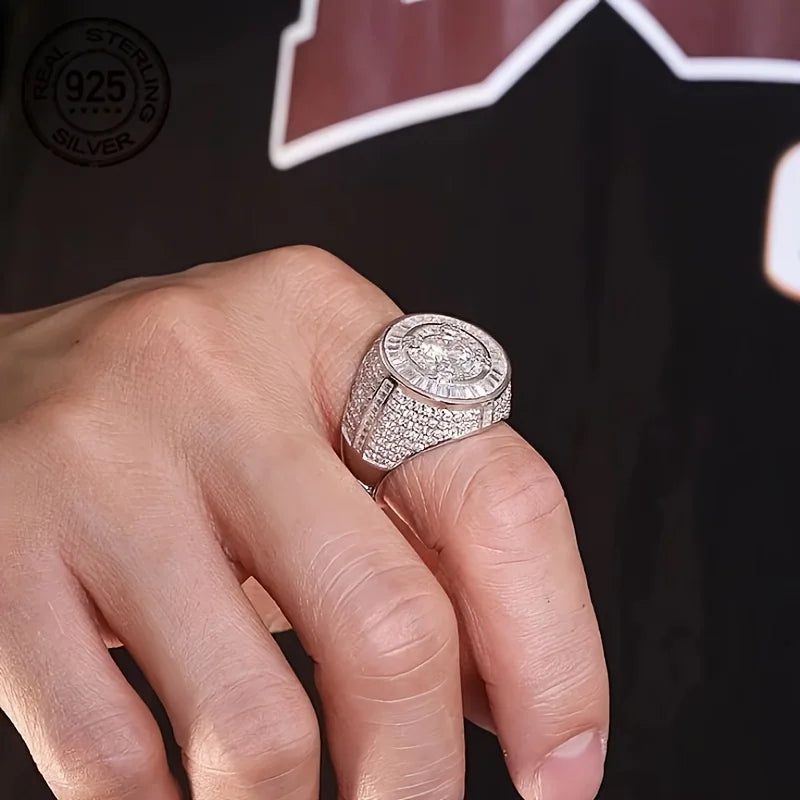 Sterling Silver Circular Baguette Solitaire Ring For Men