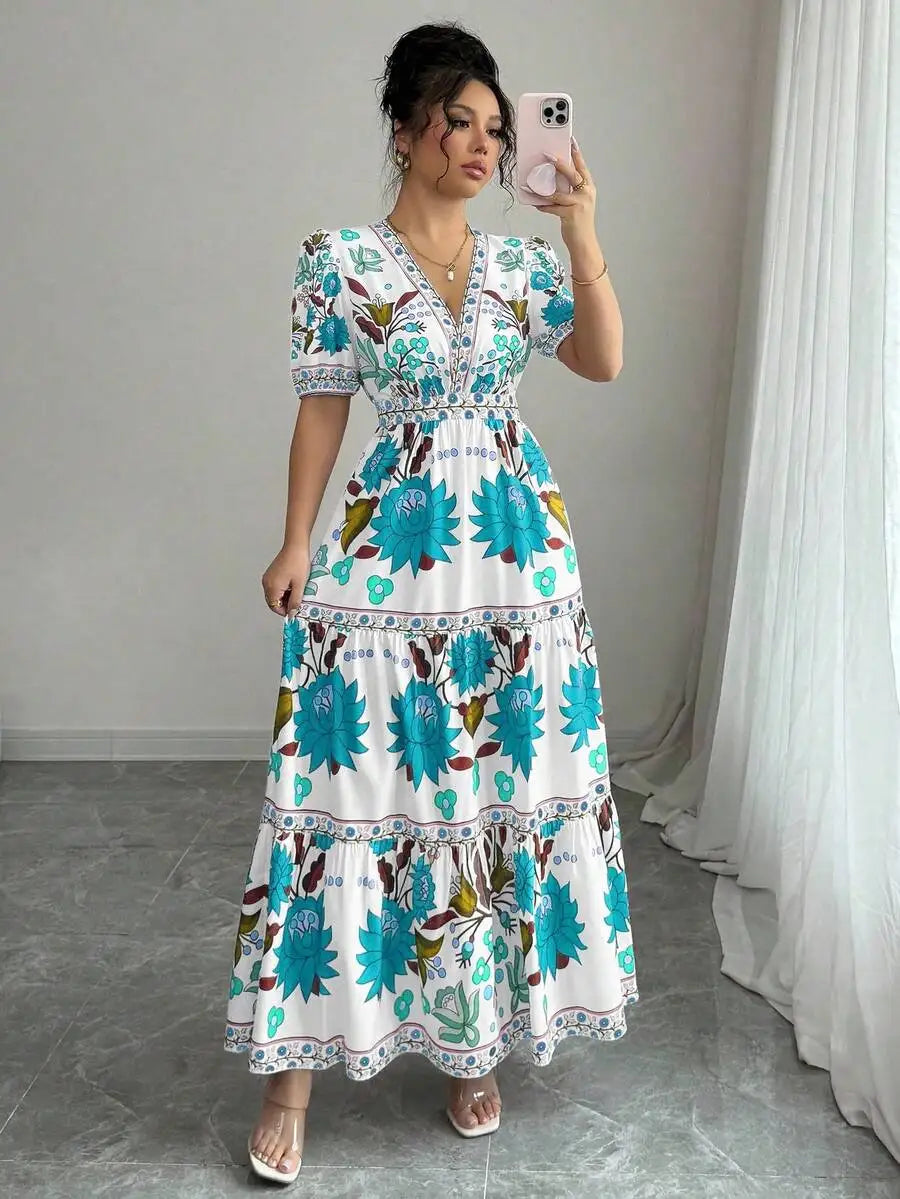 Floral V Neck Maxi Dress With Puff Sleeves For Holiday