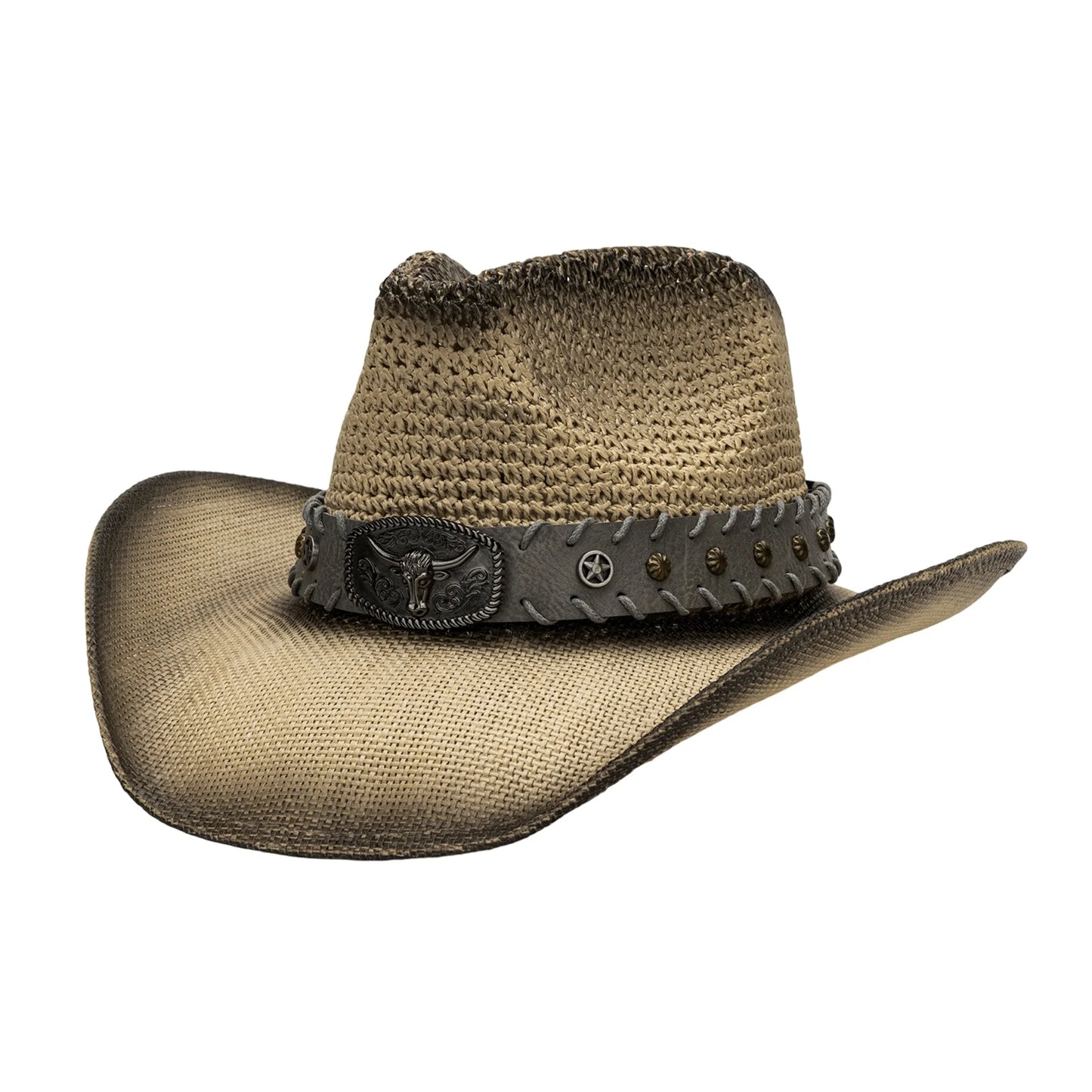 Breathable Wide Brim Straw Sun Hat Bull Head Belt Western