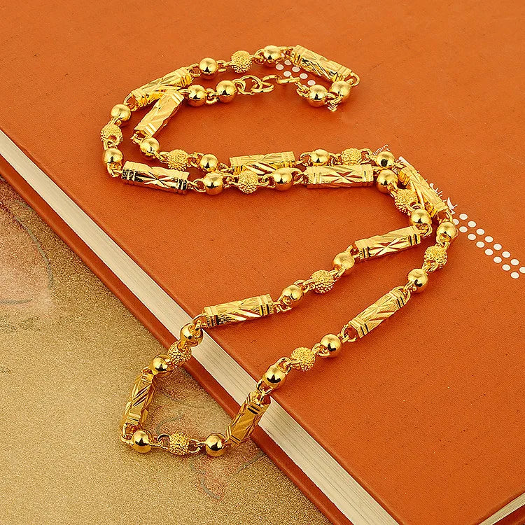 Au999 Hexagonal Column Necklace 24K Gold Unisex Jewelry