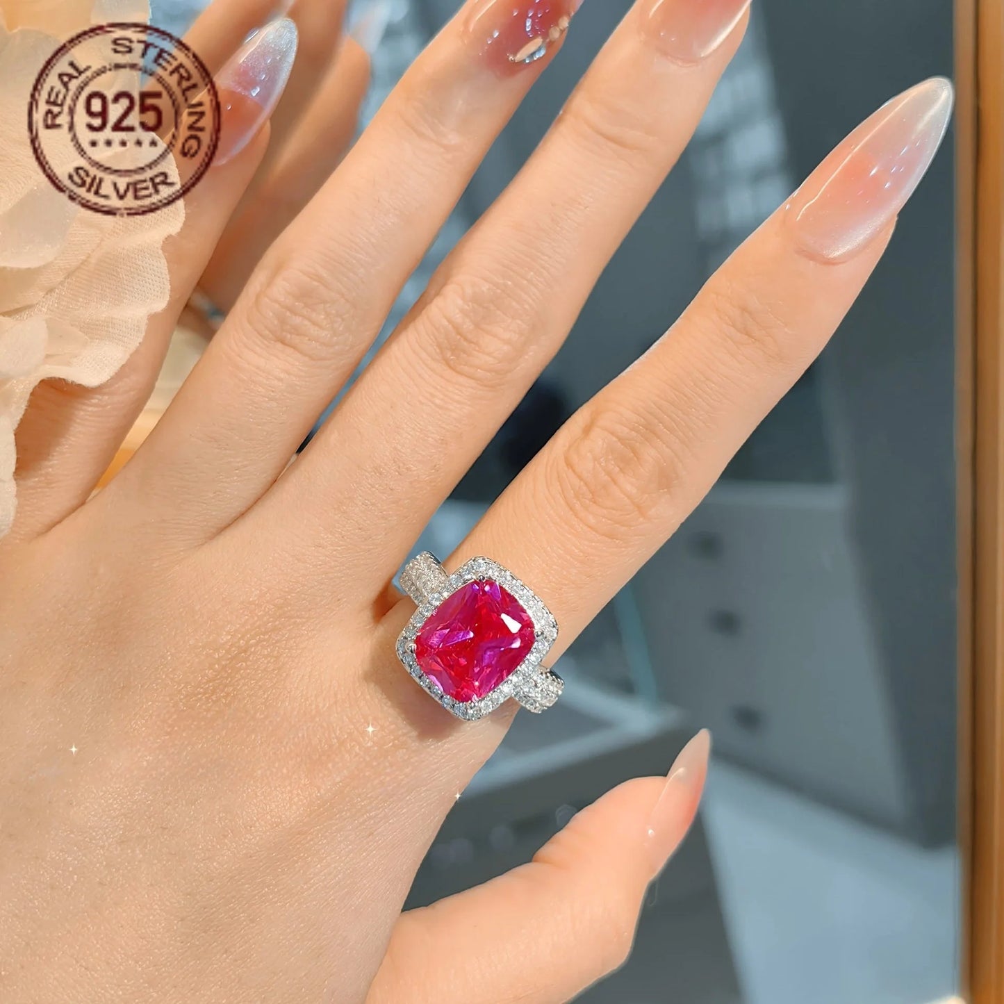 Silver Princess Cut Ruby Zircon Ring For Women