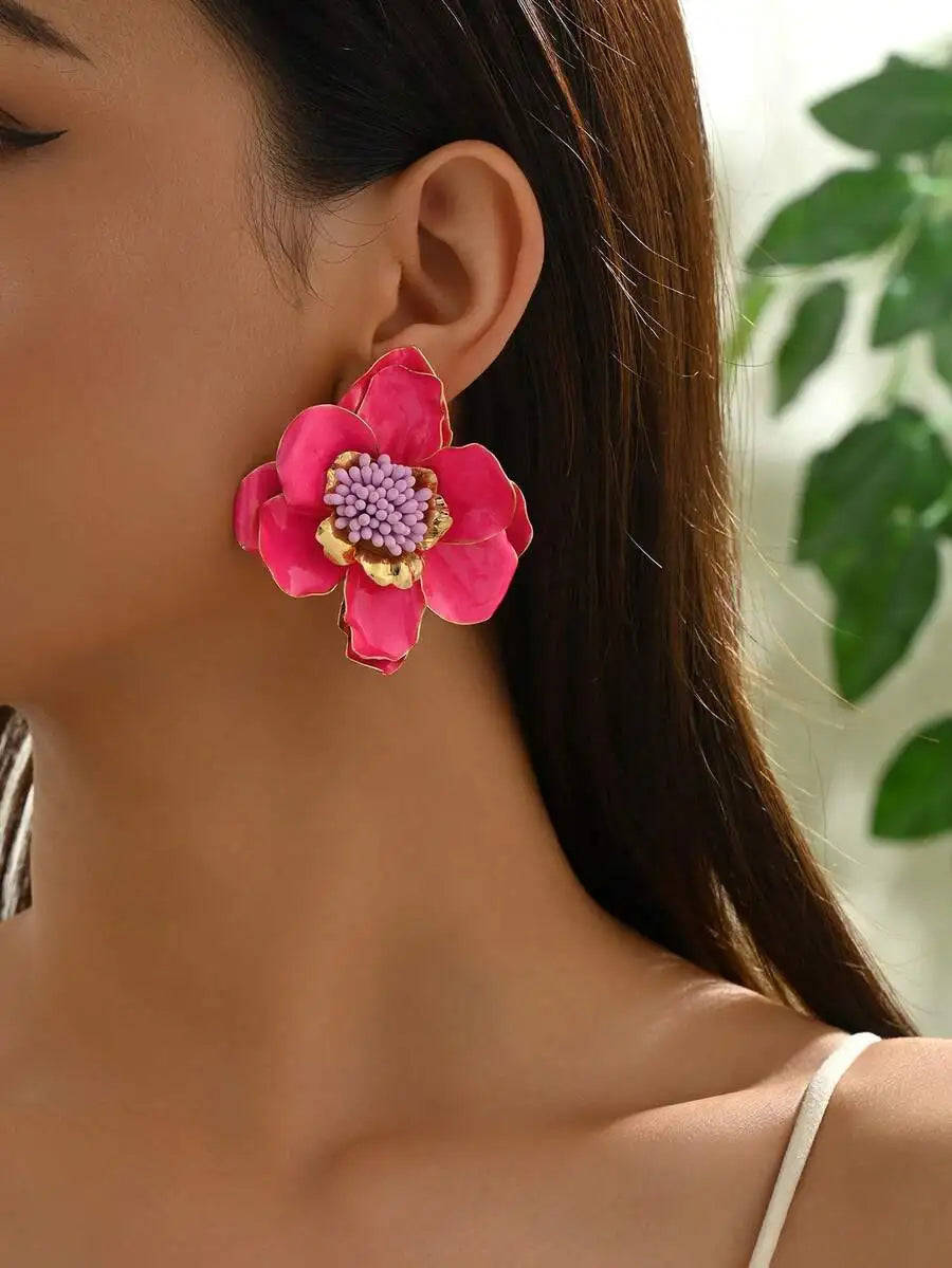Floral Double Layer Stud Earrings Fabric Flower Design Beach Wear