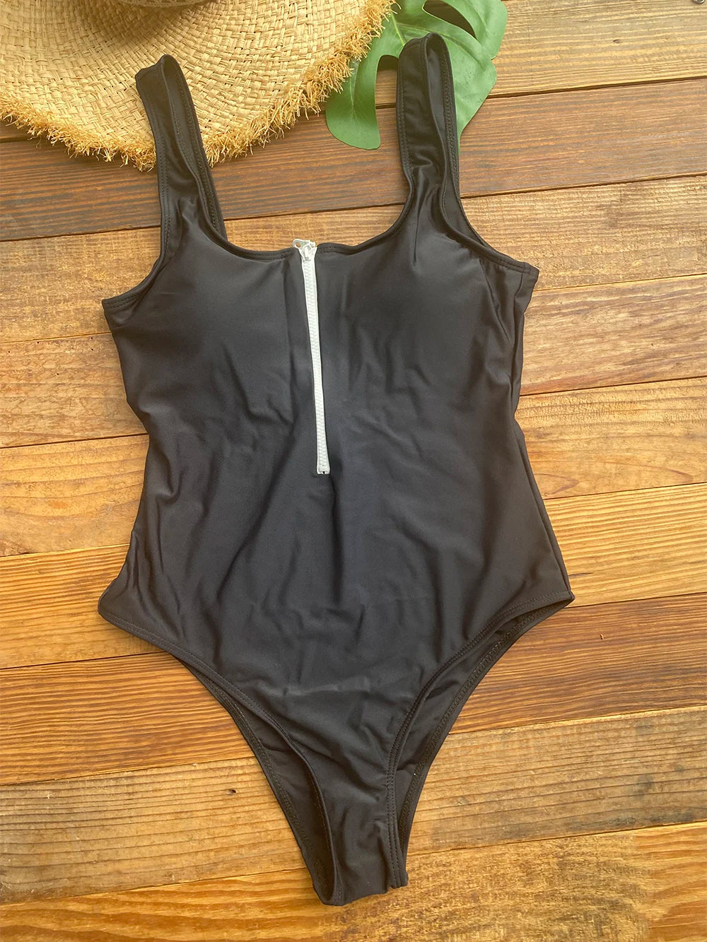 Front Zip Up One Piece Swimsuit Monokini Backless Beachwear Women