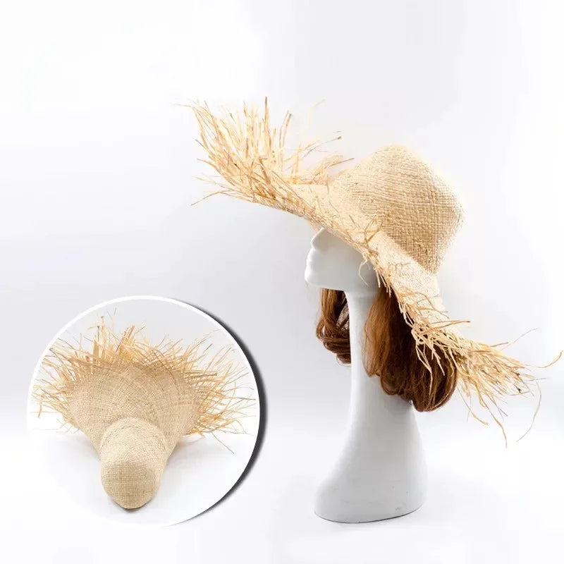 Handmade Women Raffia Straw Sun Hat Wide Brim Beach