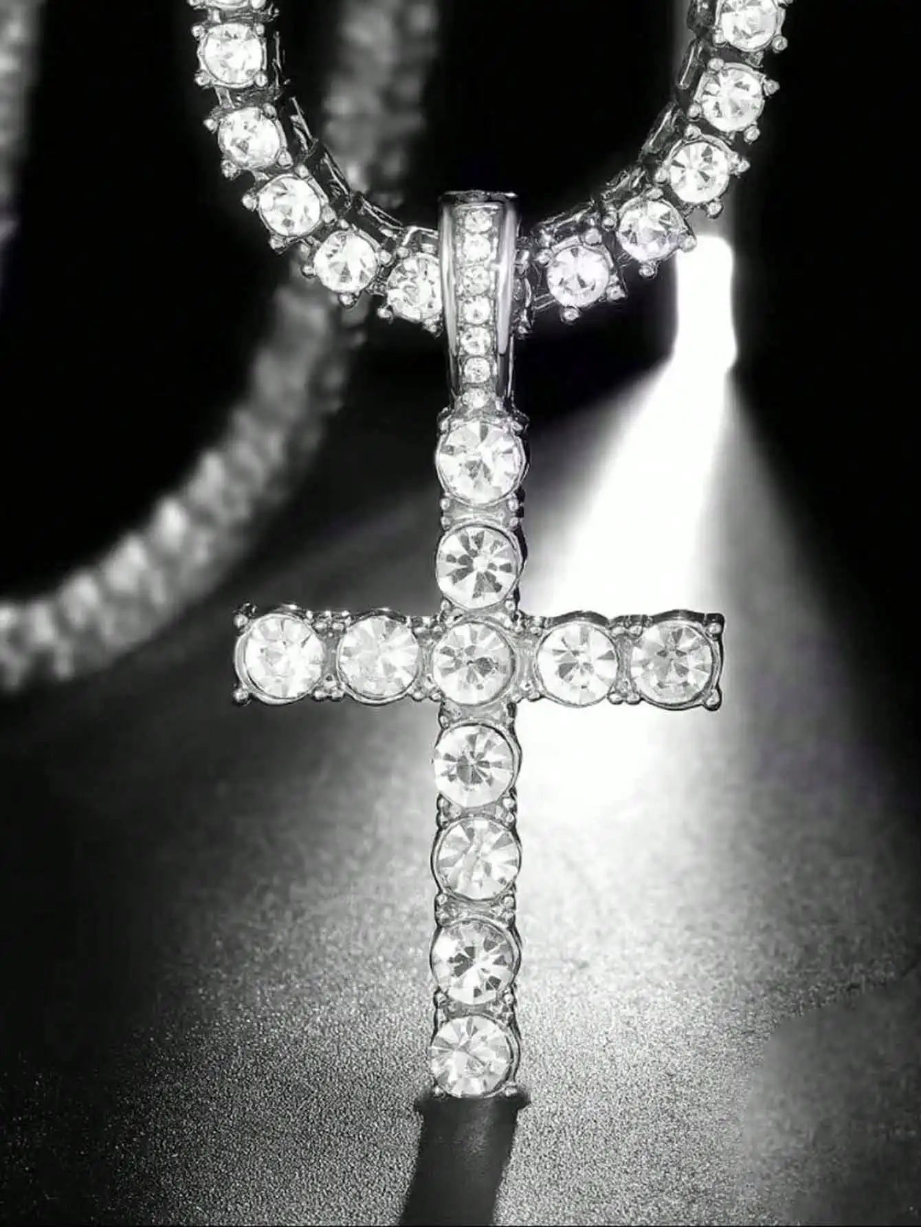 Layered Iced Out Tennis Chain Necklace With Cross Pendant