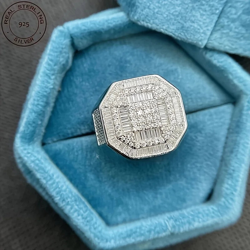 Men's Iced Out Baguette Octagon Pinky Ring Zircon 925