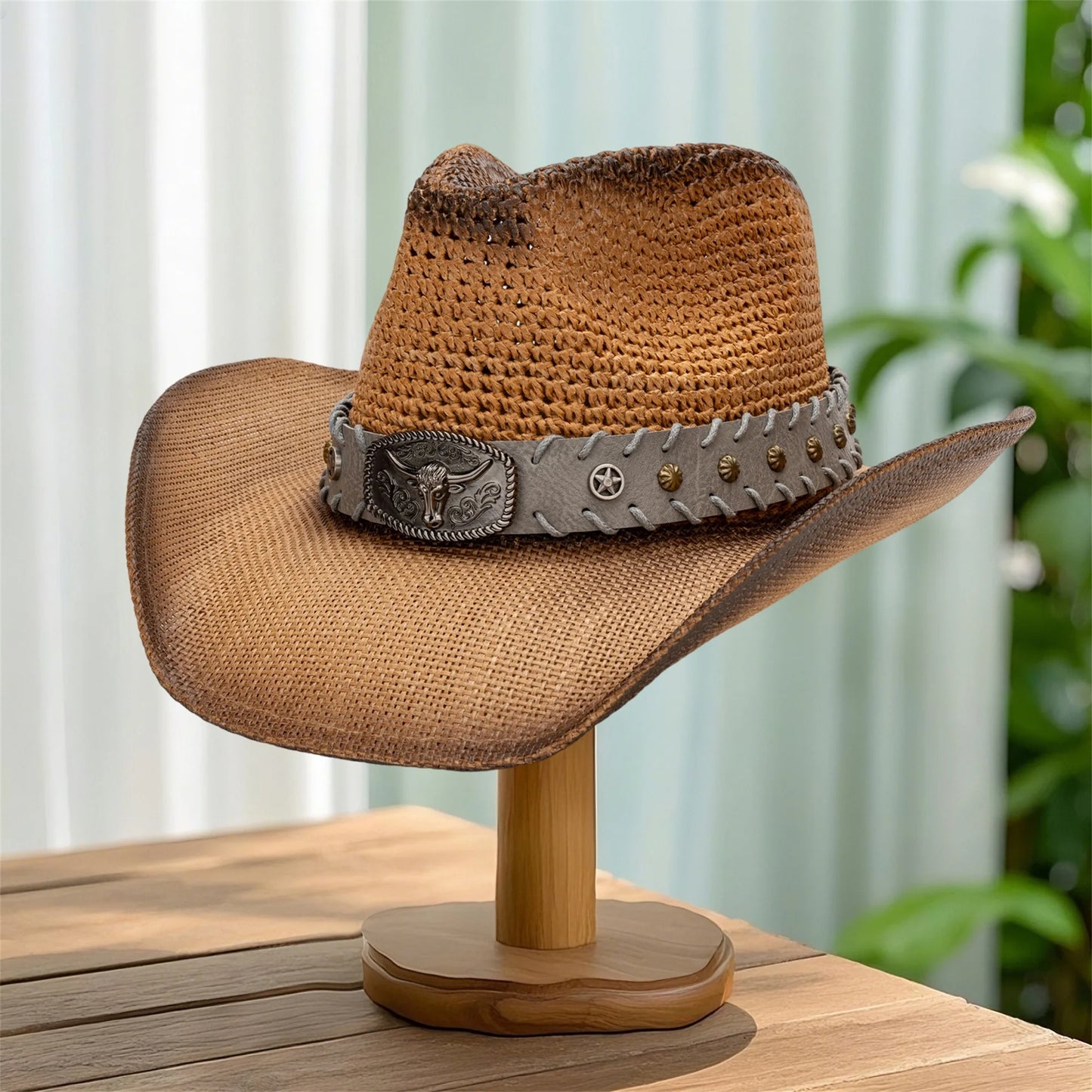 Breathable Wide Brim Straw Sun Hat Bull Head Belt Western