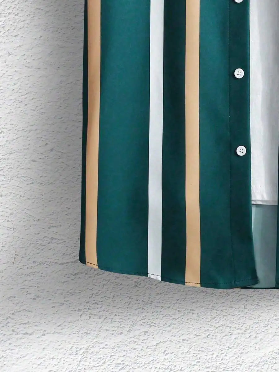 Vertical Stripe Short Sleeve Button Up Shirt Casual Summer