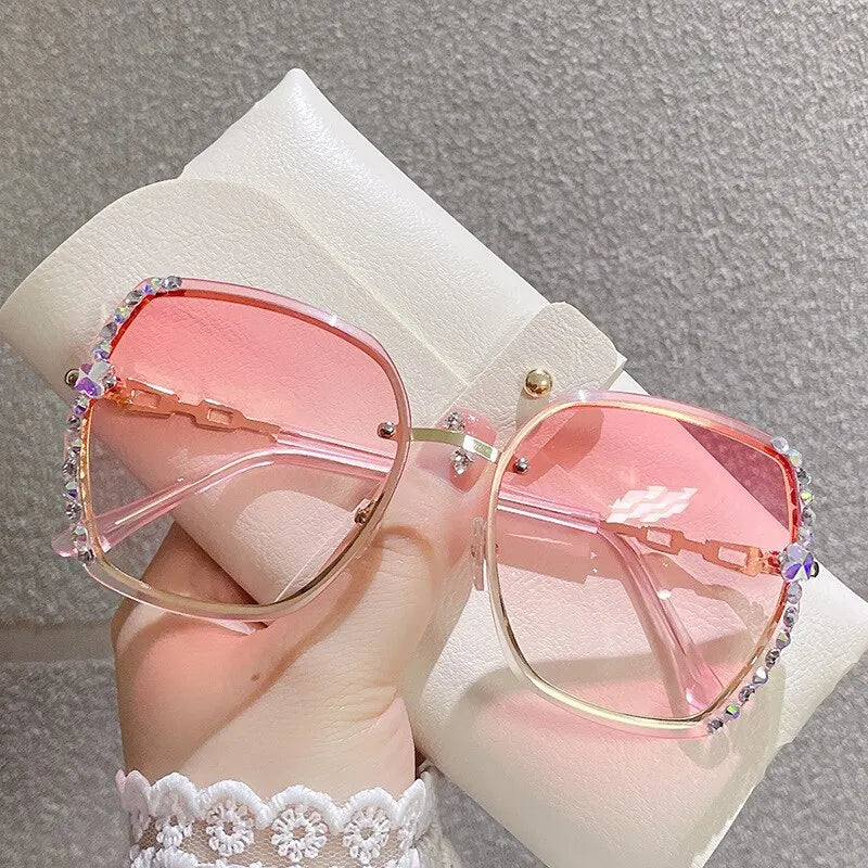 Rhinestone Rimless Fashion Sunglasses Women Men Gradient UV400 Protection