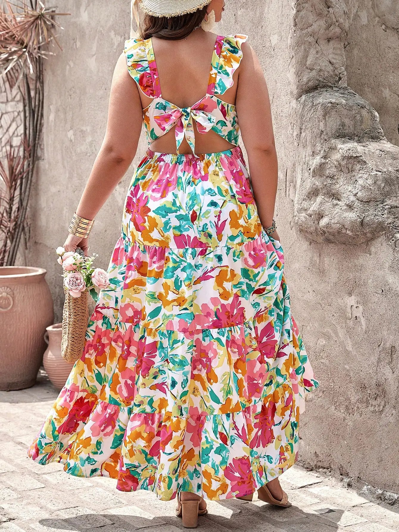 Boho Floral Tiered Backless Dress With Ruffle Straps For Summer Vacation