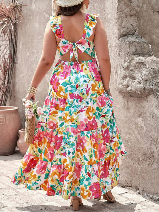 Boho Floral Tiered Backless Dress With Ruffle Straps For Summer Vacation