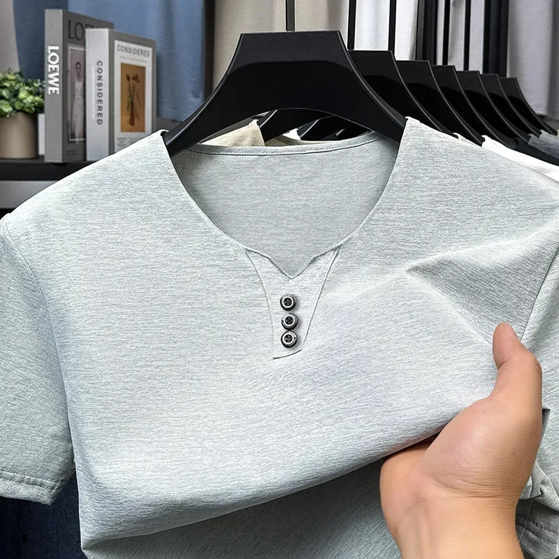 Men's V Neck Short Sleeve Knit Top Polyester Korean Style