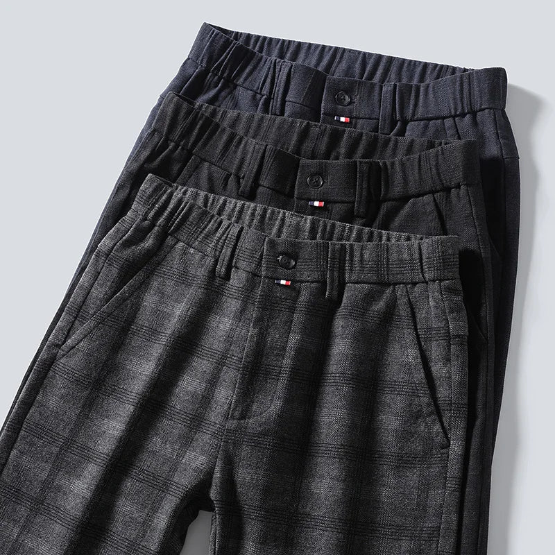 Men's Plaid Stretch Pants Regular Fit Casual Business Trousers