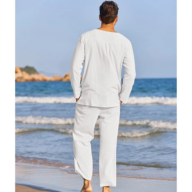 Men's Summer Loungewear Set Polyester Spandex Henley Shirt Pants