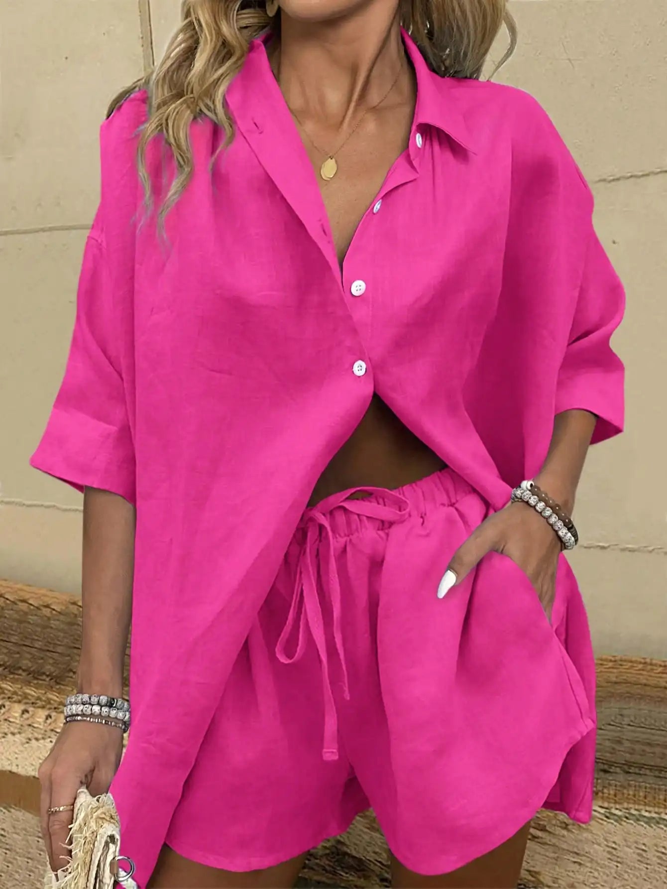 Two Piece Button Front Shirt And Drawstring Shorts Set