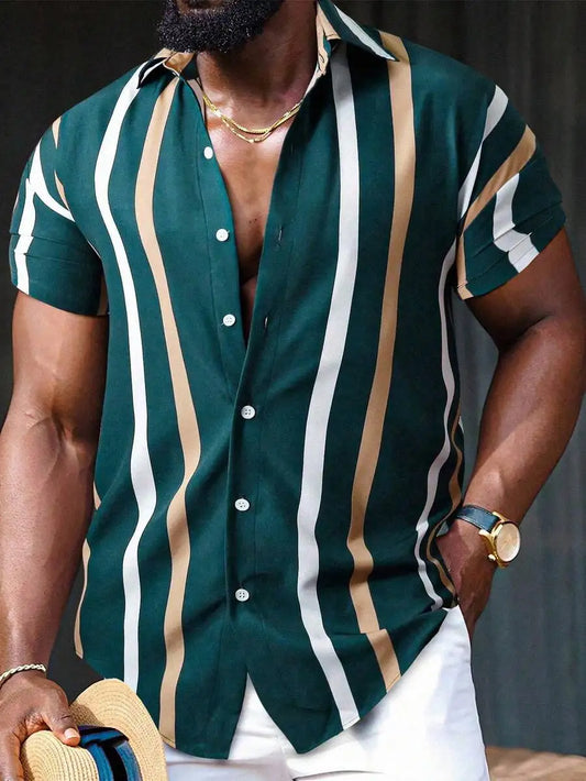Vertical Stripe Short Sleeve Button Up Shirt Casual Summer