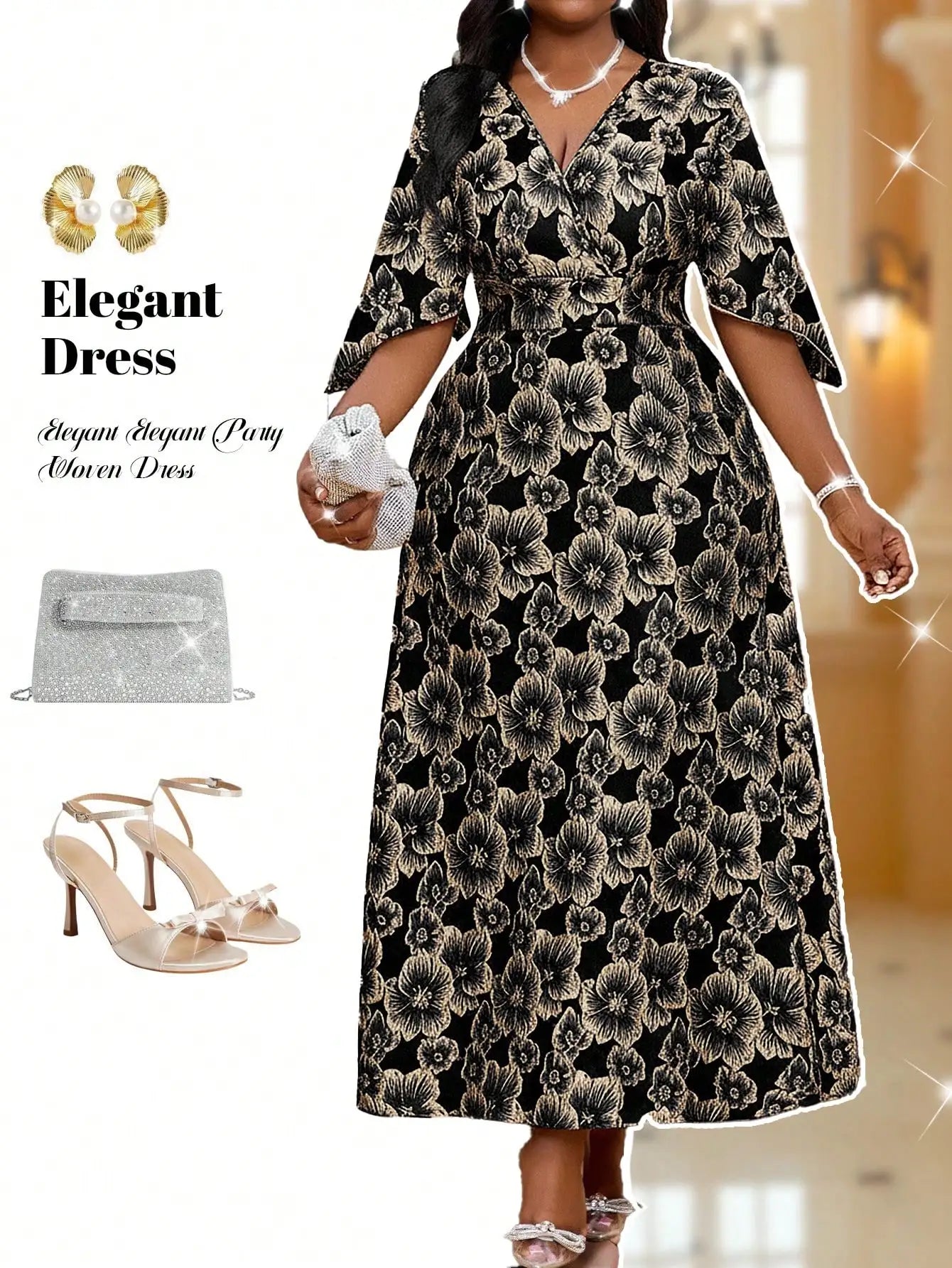 V-Neck Floral Embroidered Midi Dress for Party and Christmas