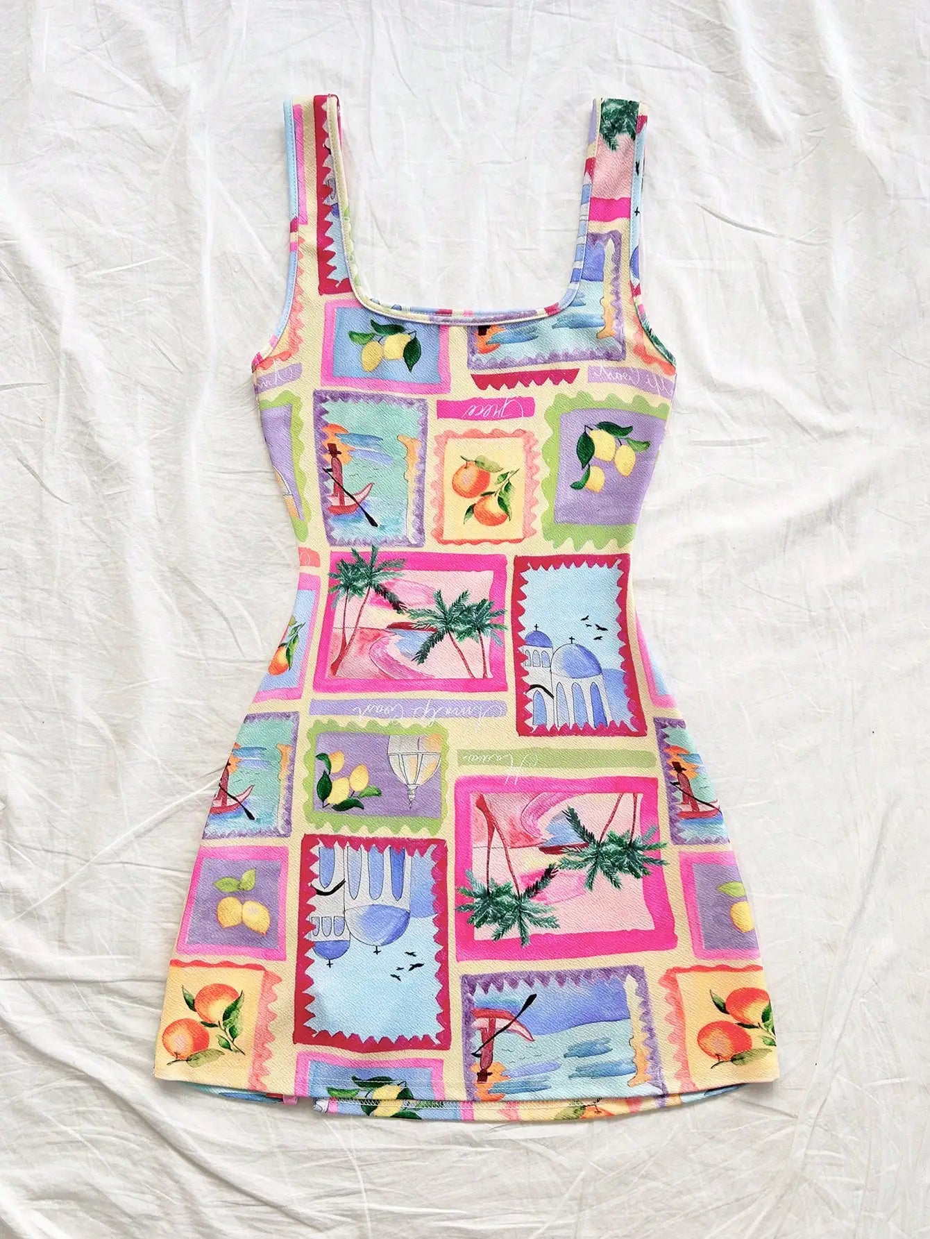 Women's Casual Ocean Life Print Backless Slit Hem Mini Dress