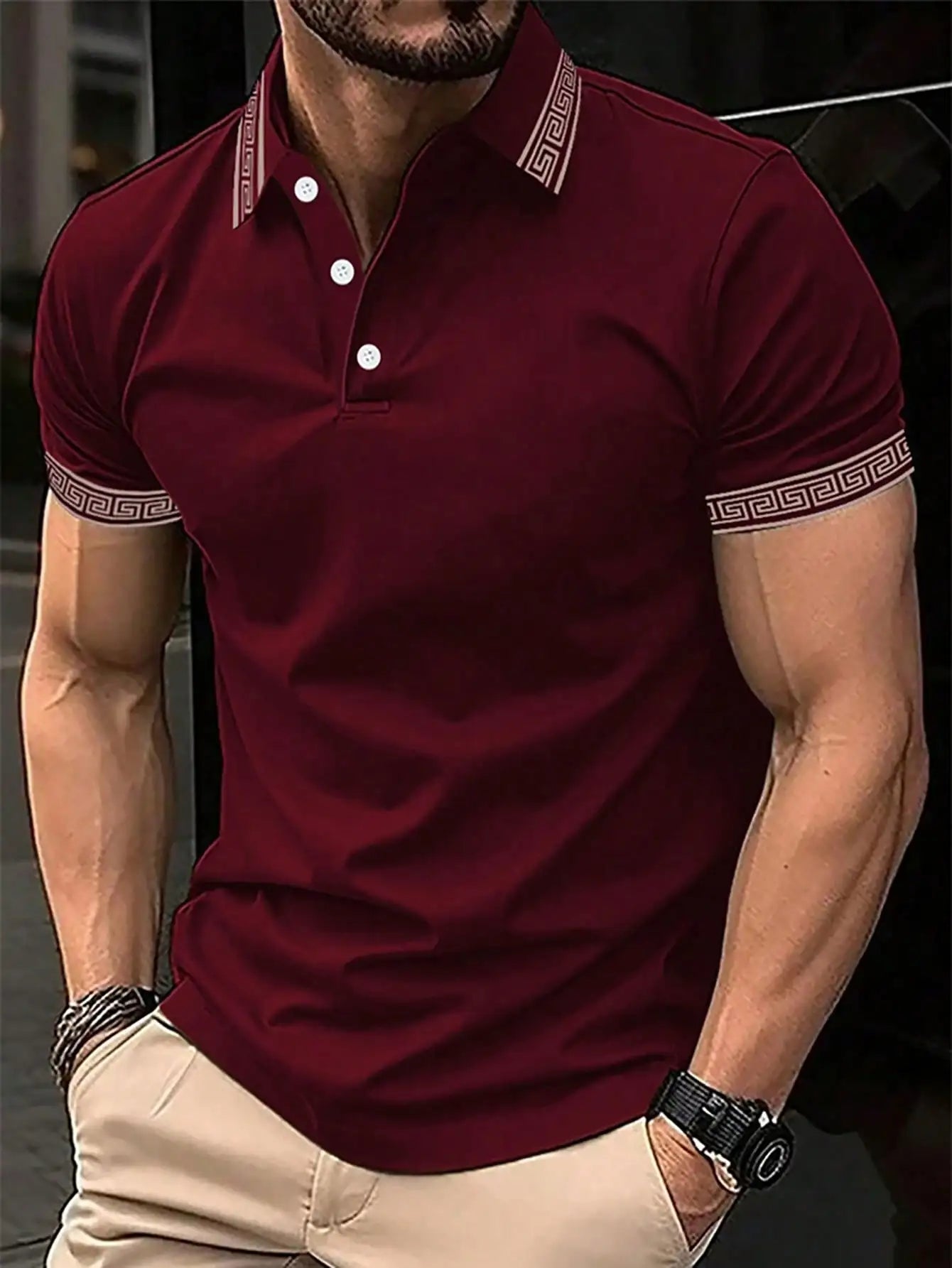 Mens Polo Shirt With Greek Key Trim Short Sleeve Top