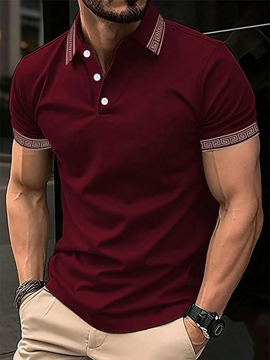 Mens Polo Shirt With Greek Key Trim Short Sleeve Top