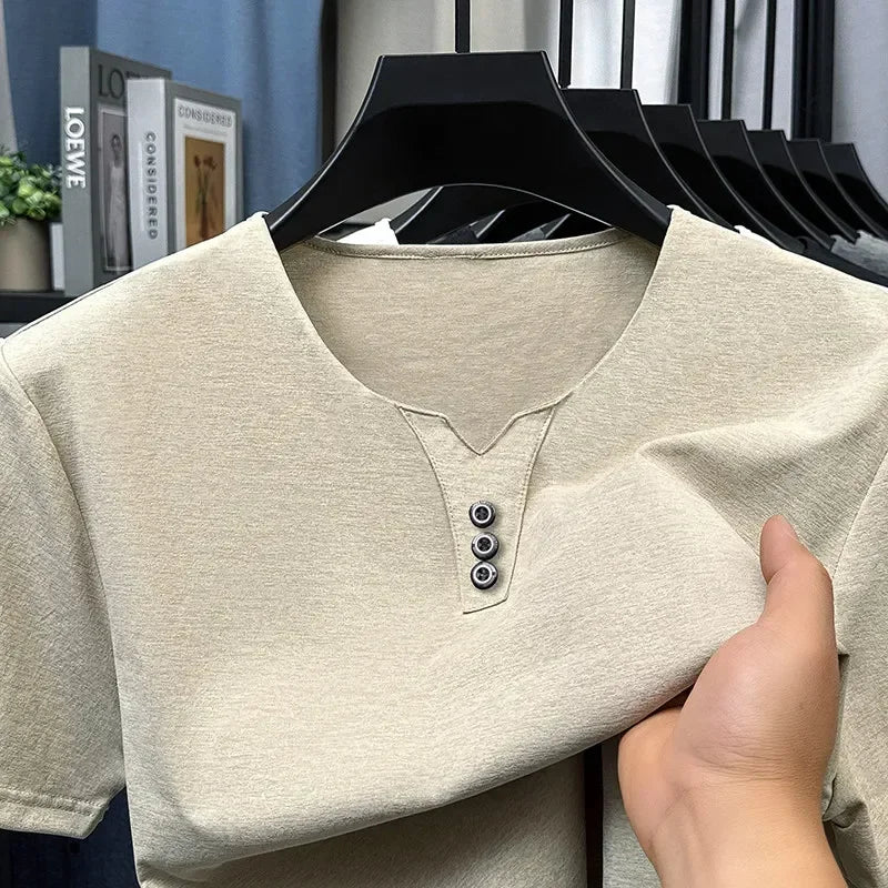 Men's V Neck Short Sleeve Knit Top Polyester Korean Style