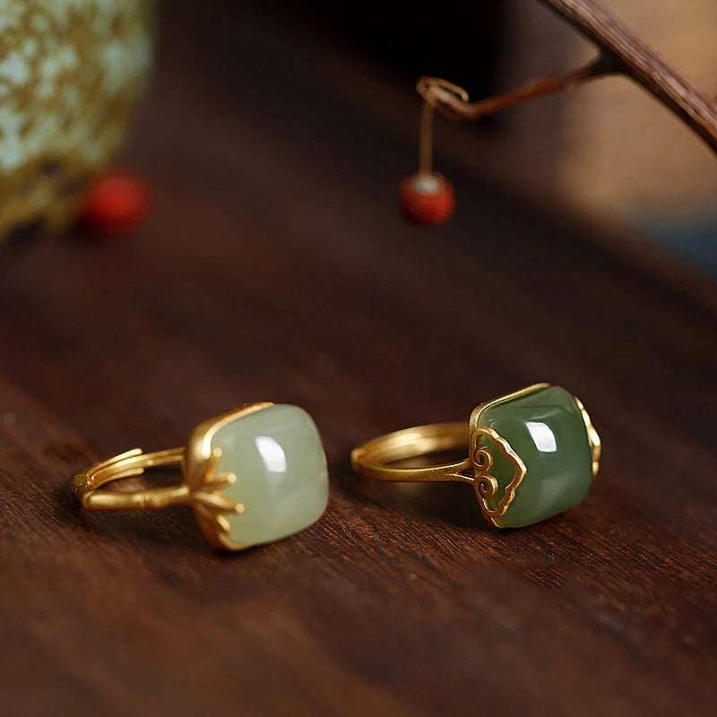 Sterling Silver Hotan Jade Geometric Ring For Women