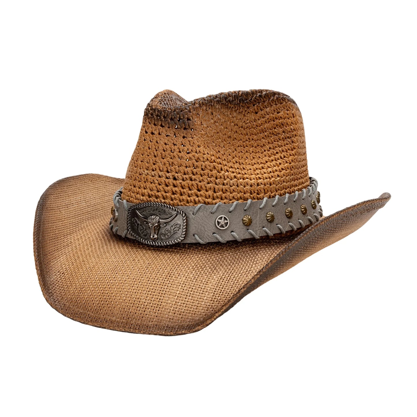 Breathable Wide Brim Straw Sun Hat Bull Head Belt Western
