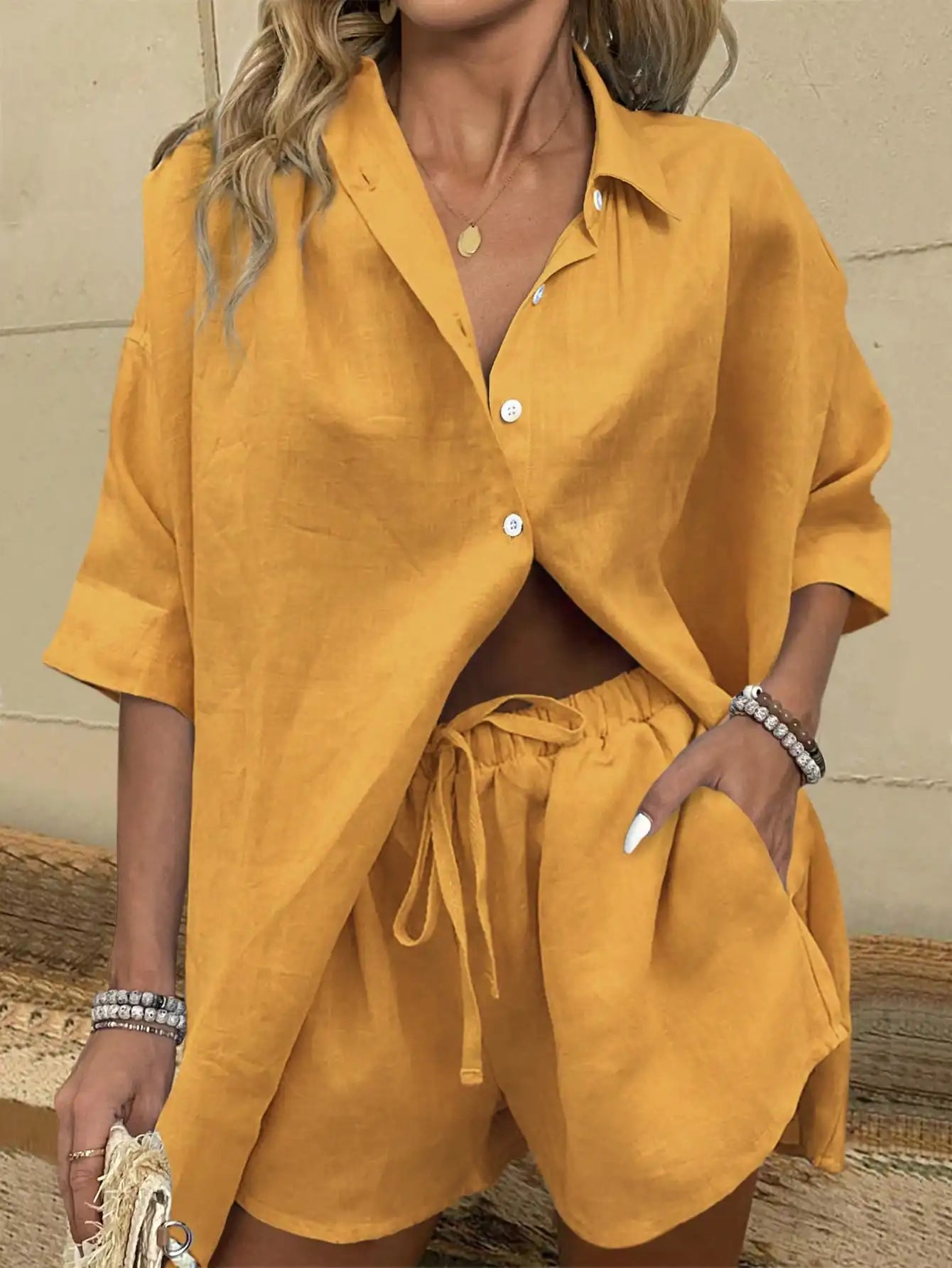 Two Piece Button Front Shirt And Drawstring Shorts Set