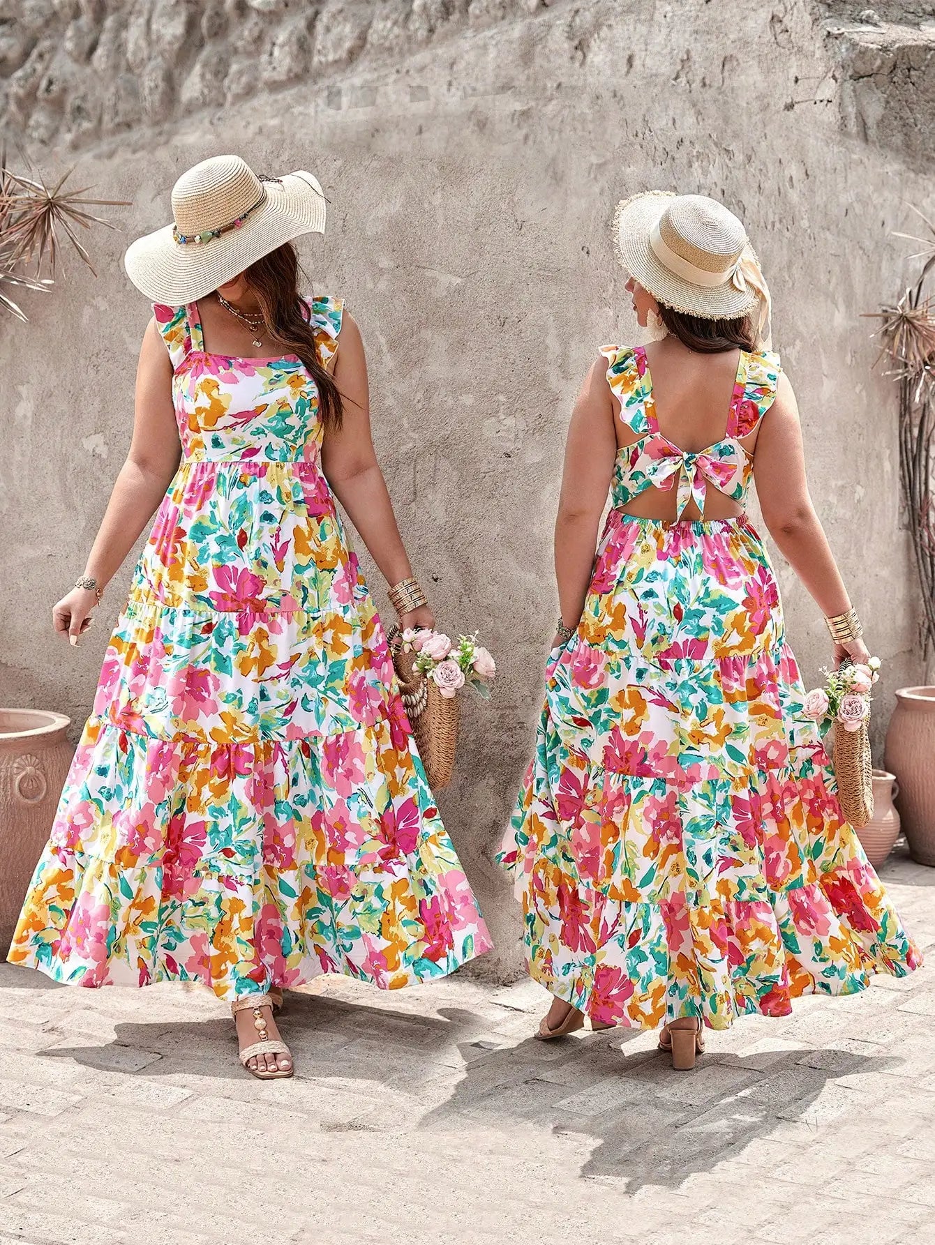 Boho Floral Tiered Backless Dress With Ruffle Straps For Summer Vacation