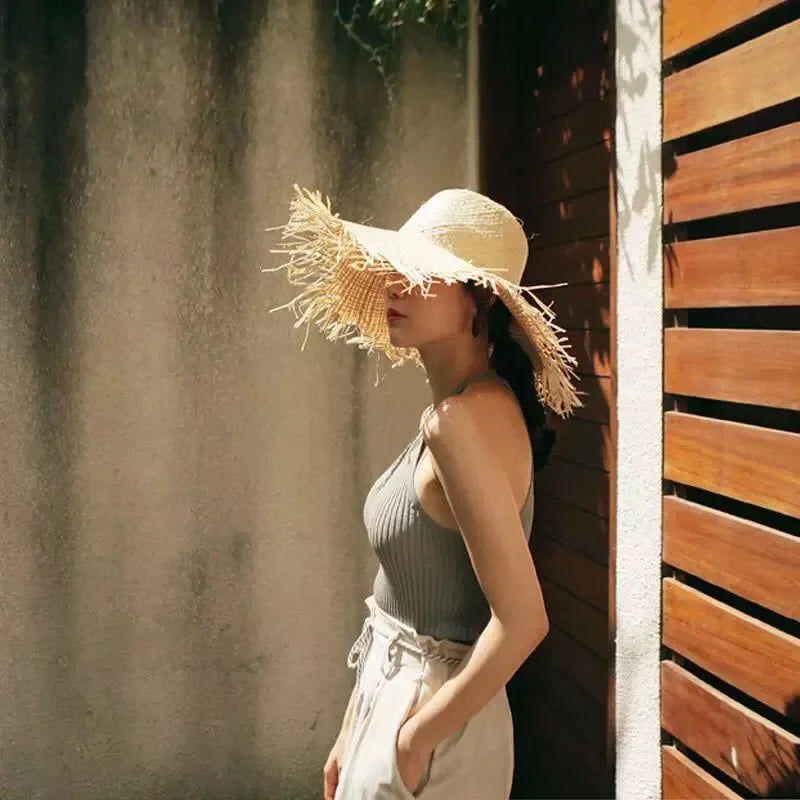 Handmade Women Raffia Straw Sun Hat Wide Brim Beach