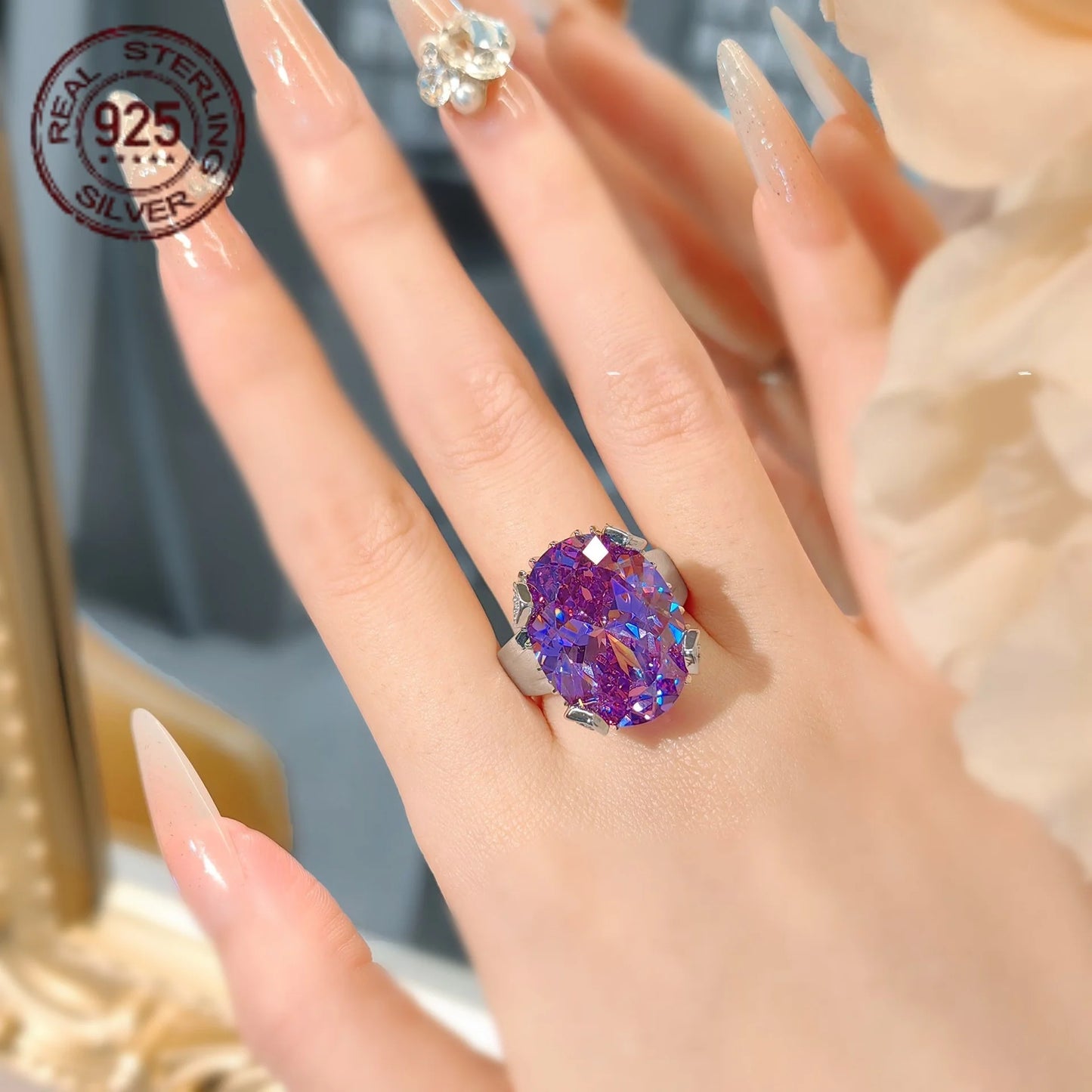 Sterling Silver Zircon Ring Oval Cut Prong Set