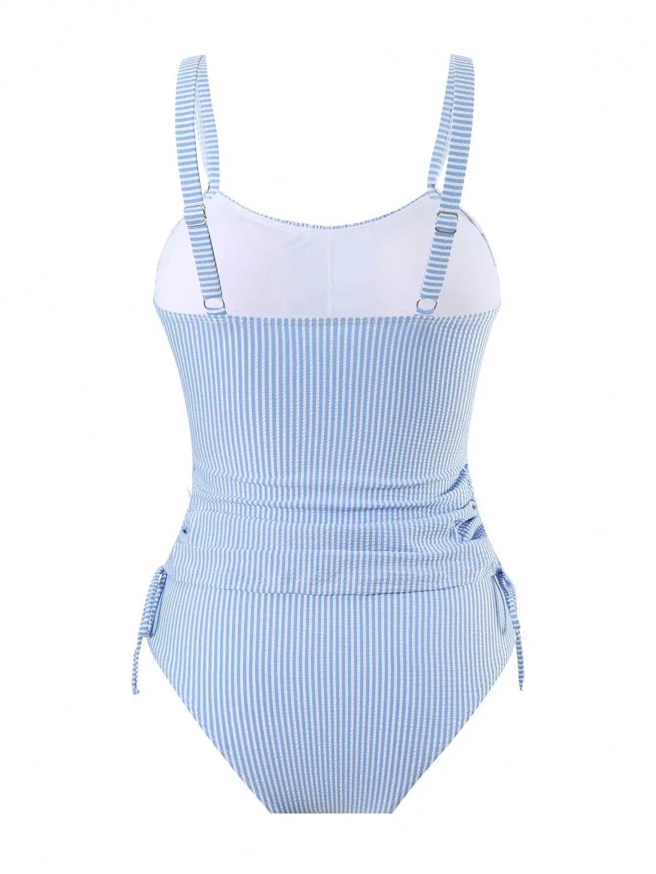 Striped Ruched Tankini Set With Side Ties For Beach Vacation