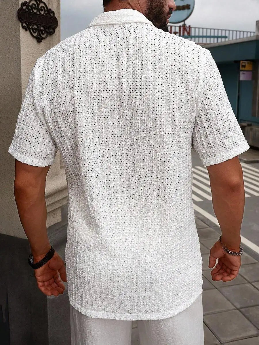Men's Casual Short Sleeve Button-Down Shirt With Eyelet Texture