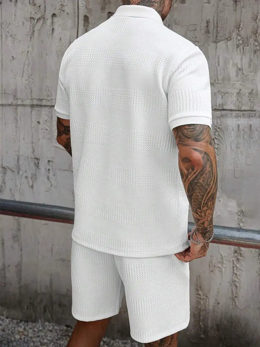 Mens Textured Half Zip Polo Shirt And Shorts Set Summer