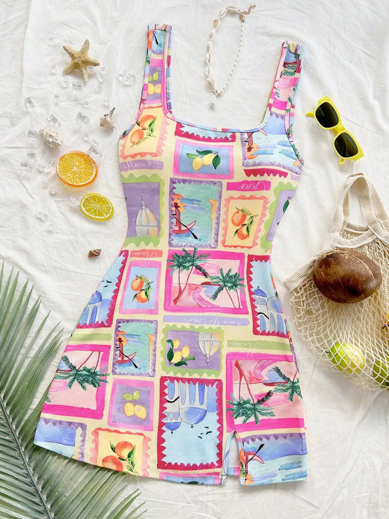 Women's Casual Ocean Life Print Backless Slit Hem Mini Dress