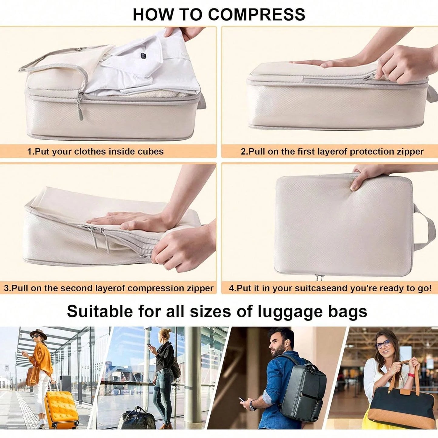 6 Piece Compression Packing Cubes Set Waterproof Travel Organizer