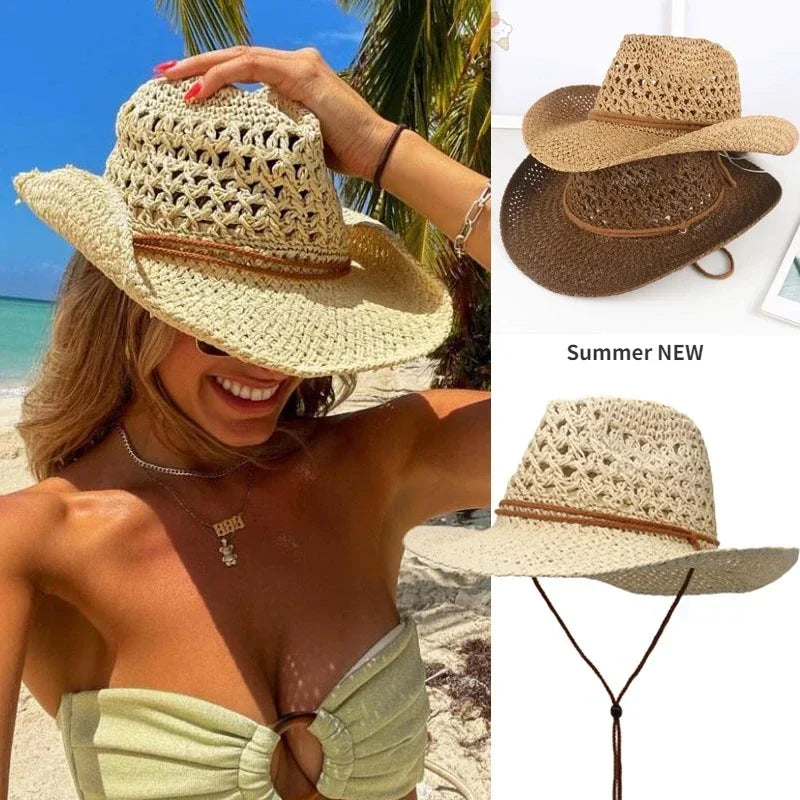 Western Cowboy Sun Hat Straw UV Protection for Men Women