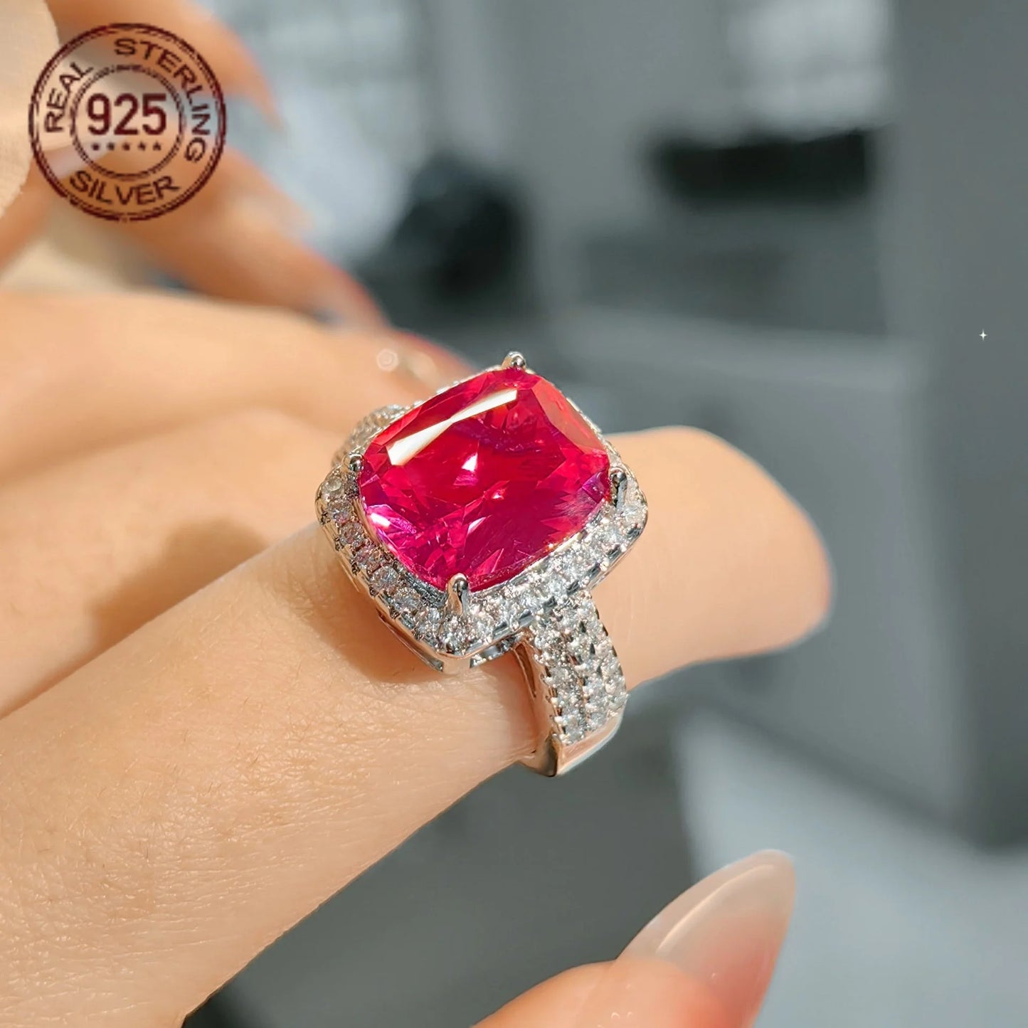 Silver Princess Cut Ruby Zircon Ring For Women