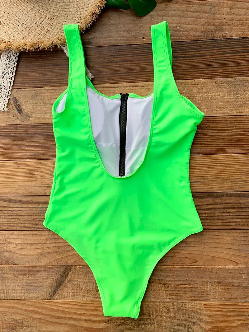 Front Zip Up One Piece Swimsuit Monokini Backless Beachwear Women