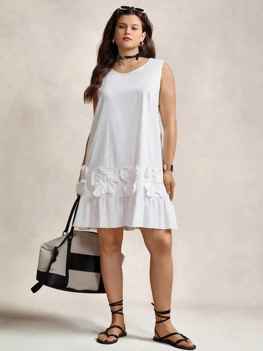 Sleeveless Round Neck Cotton Dress With 3D Floral Ruffles
