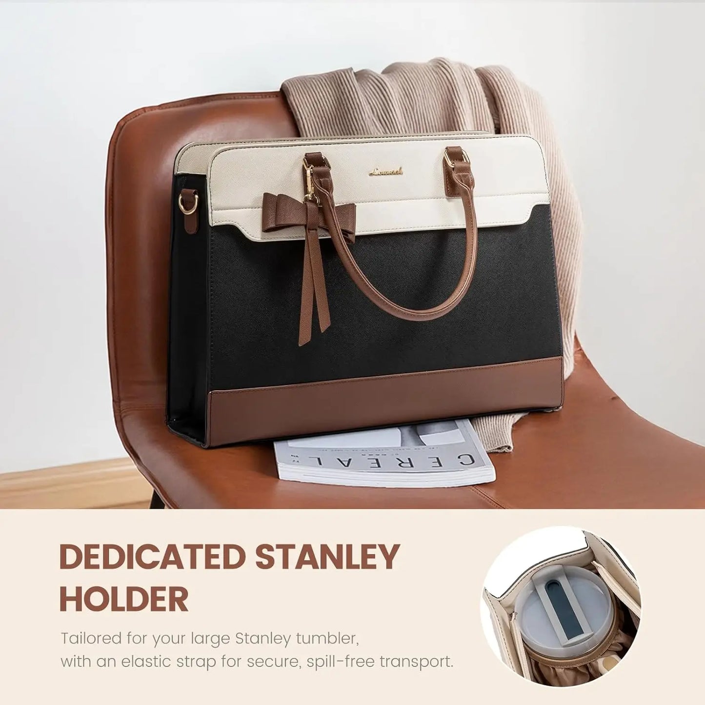 Waterproof PU Leather Laptop Tote for Women with Adjustable Strap