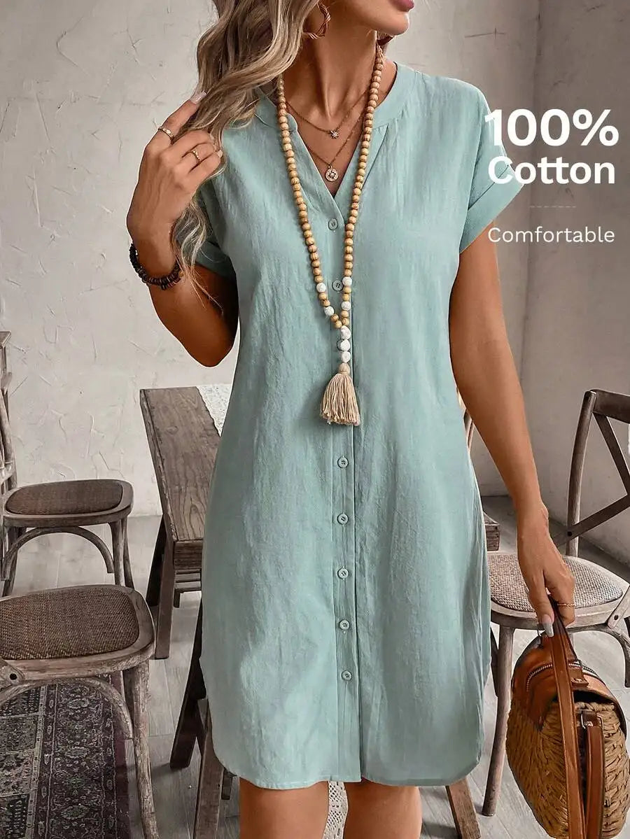 Women's Button Front Short Sleeve Mini Dress 100 Percent Cotton