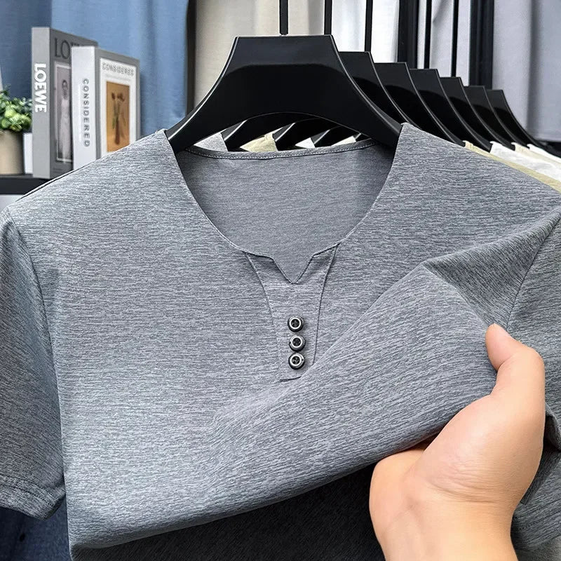 Men's V Neck Short Sleeve Knit Top Polyester Korean Style