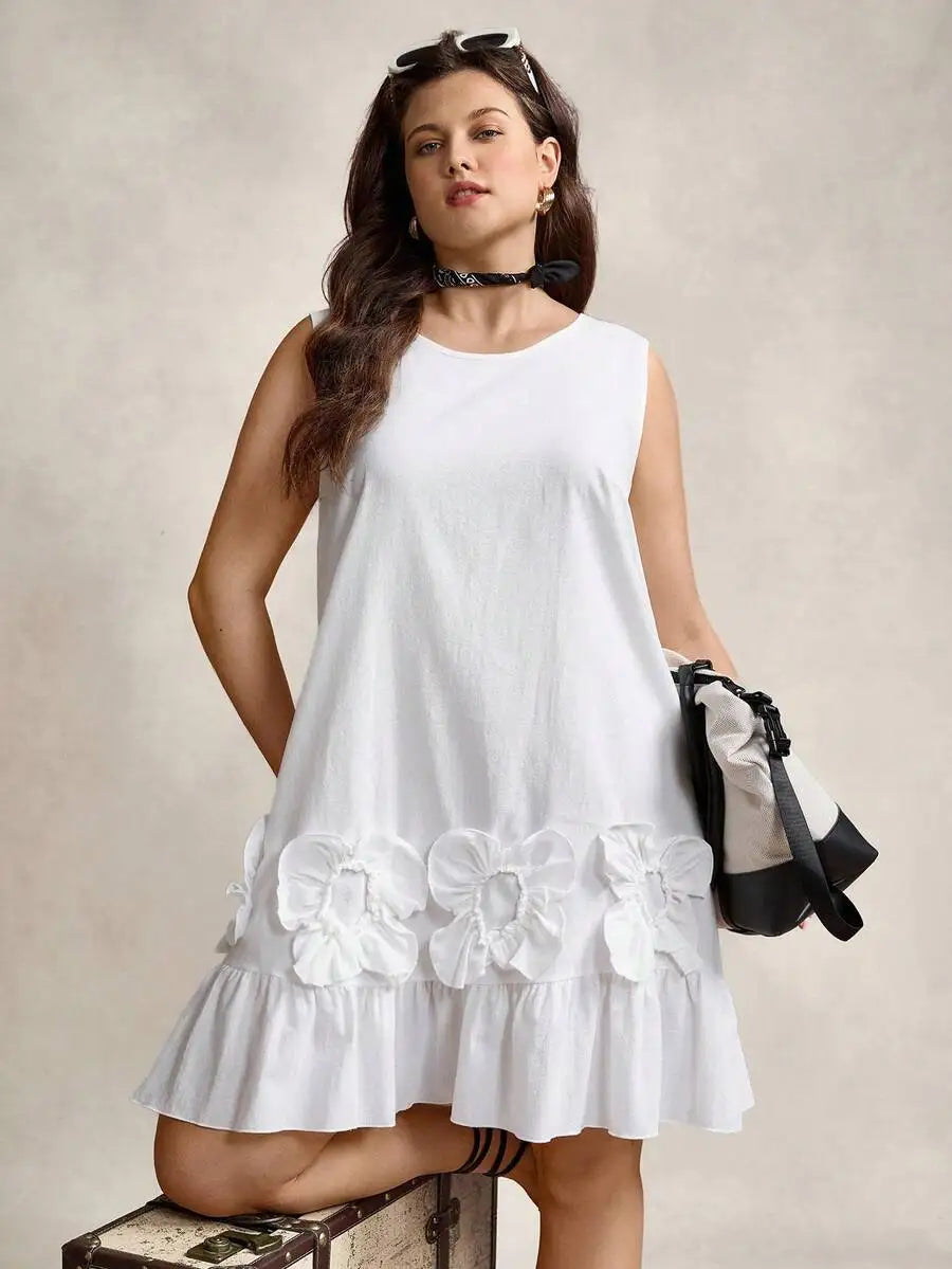 Sleeveless Round Neck Cotton Dress With 3D Floral Ruffles